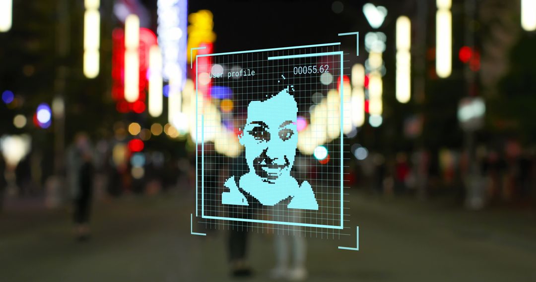 Digital Portrait Overlay on City Street at Night Indicating Tech Advancements