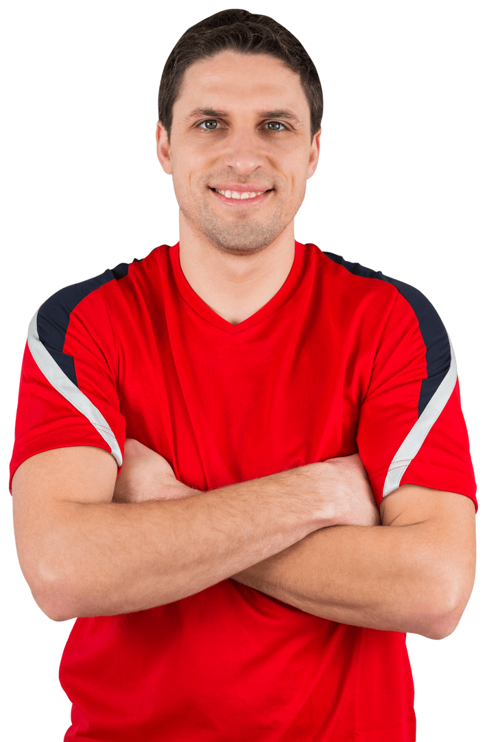 Confident Football Player Smiling Wear Red Shirt on Transparent Background