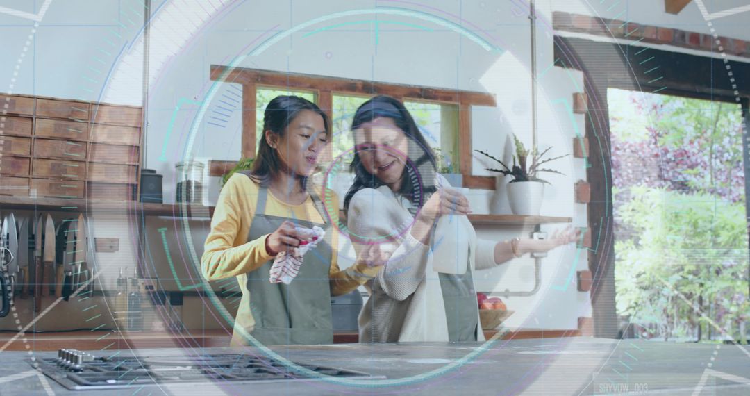 Two Women Cleaning Kitchen Together with Smart HUD Overlay Showing Connected Home Tech