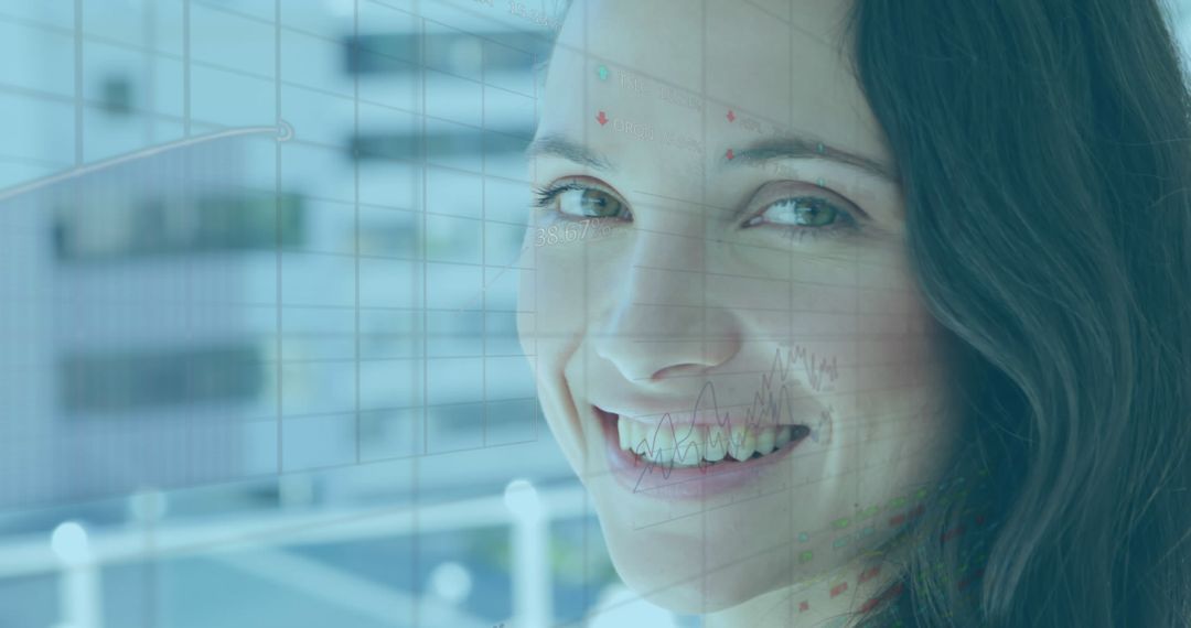 Smiling Businesswoman with Financial Charts Overlay