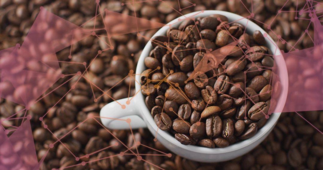 White Ceramic Mug Overflowing with Roasted Coffee Beans, Digital Network Overlay