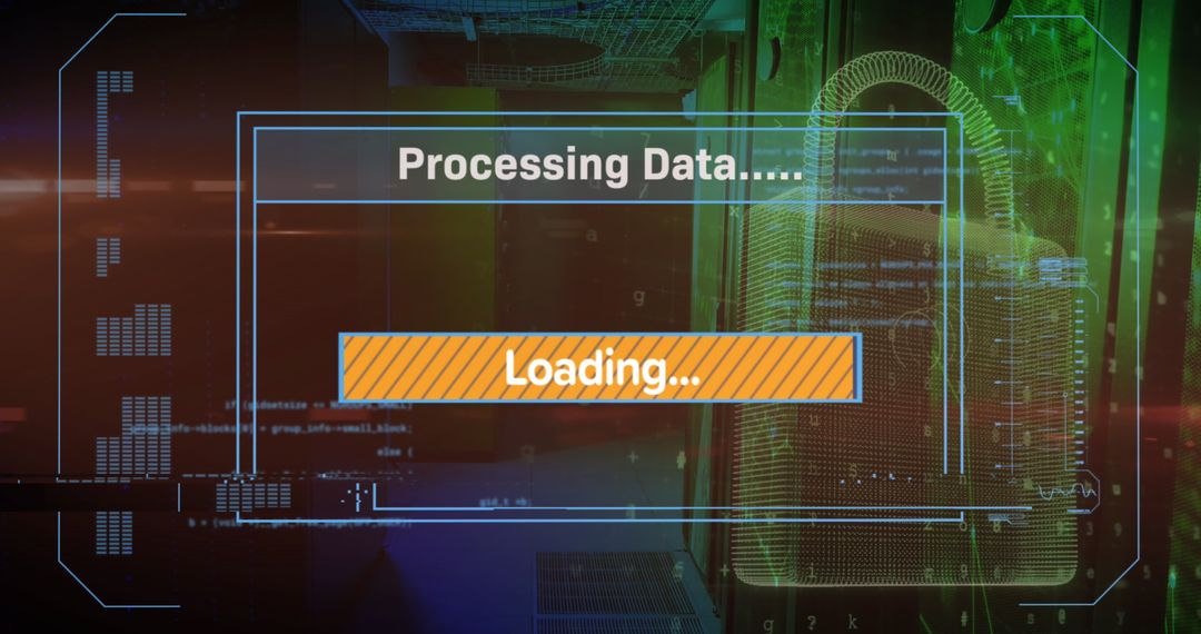 Digital Interface Data Processing with Padlock Icon in Server Room