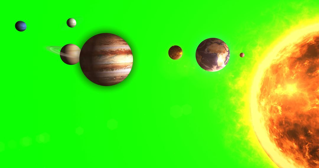 Planets of the Solar System Aligned Near the Glowing Sun with Green Background - Free Images, Stock Photos and Pictures on Pikwizard.com