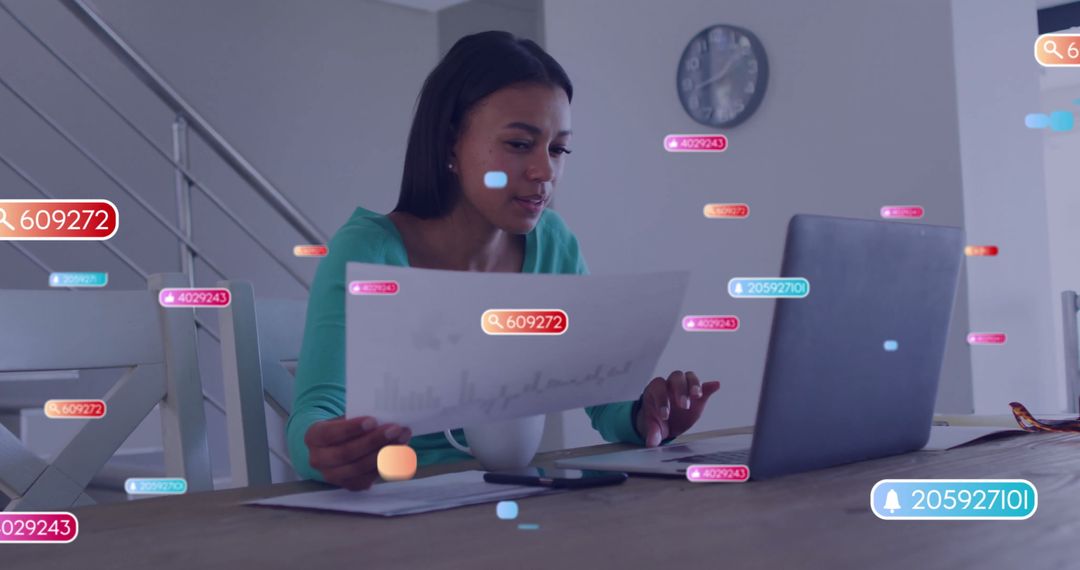 Woman Analyzing Charts on Laptop with Data Overlays