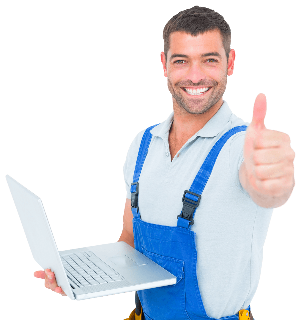 Handyman Giving Thumbs Up Holding Laptop Transparent Background