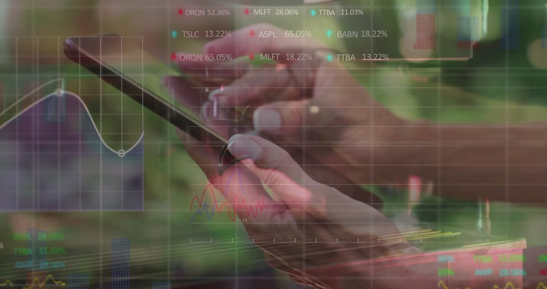 Hands Analyzing Stock Data with Smartphone and Digital Overlay