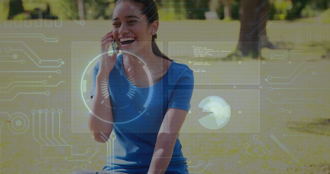 Woman Chatting on Smartphone with Digital Interfaces in Park
