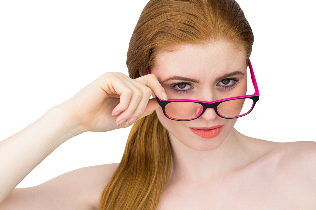 Beautiful redhead woman posing with transparent eyeglasses - Download Free Stock Images Pikwizard.com