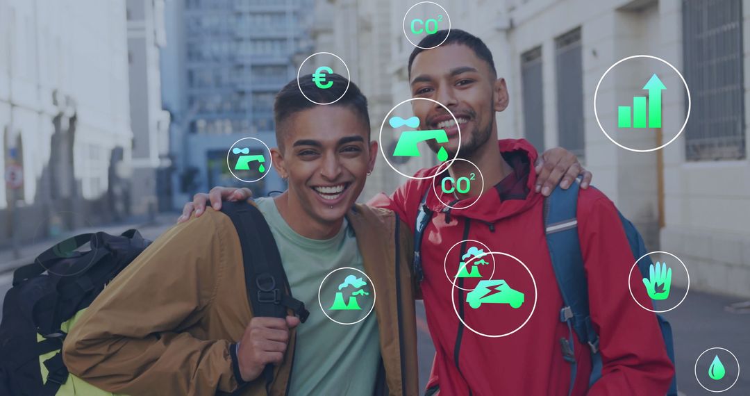 Smiling Friends with Eco-Friendly Technology Infographics Downtown