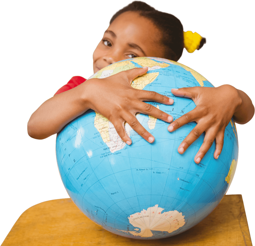 Smiling African American Girl Hugging Globe Transparent Background