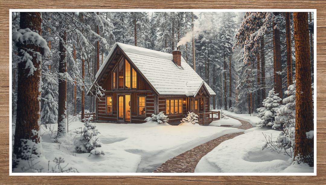 Two-story log cabin glowing warm windows in snow-covered pine forest with winding path