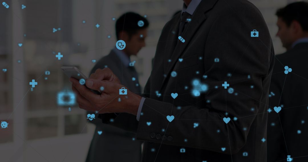 Businessman Using Smartphone with Digital Health Icons Overlay