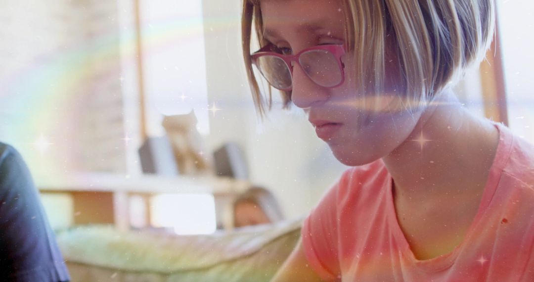 Teenage Girl With Red Glasses Relaxing at Home with Rainbow Glow