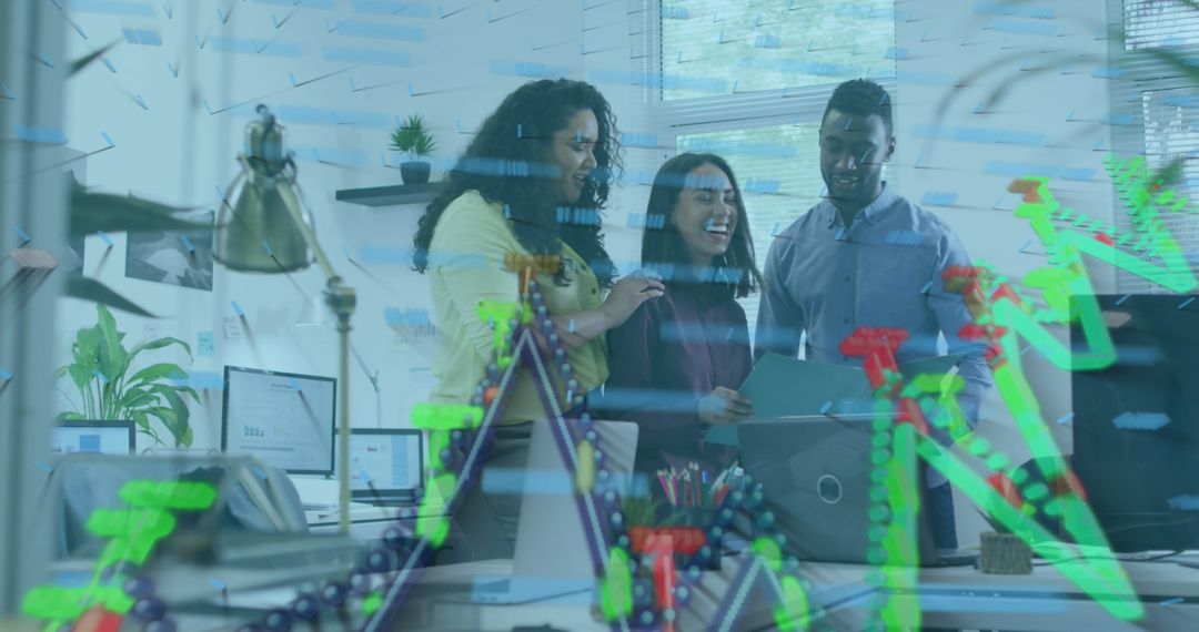 Global Business Team Analyzing Data Trends with Futuristic Overlay