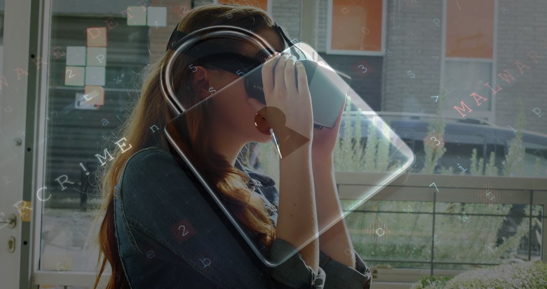 Woman Exploring Virtual Reality with VR Headset in Modern Home