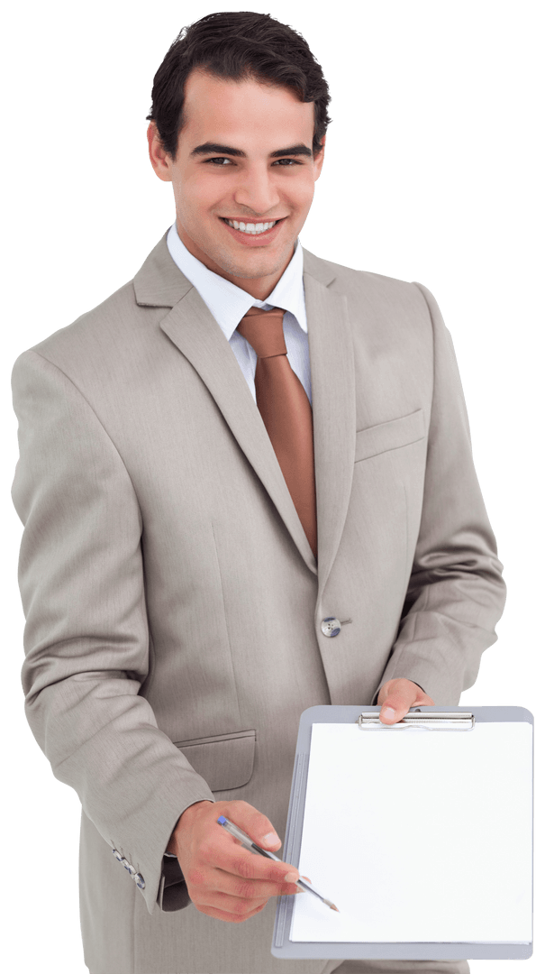 Transparent Businessman Holding Clipboard Asking for Signature