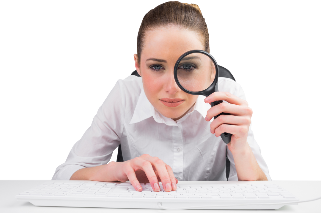 Transparent businesswoman inspecting computer screen with magnifying glass - Download Free Stock Images Pikwizard.com