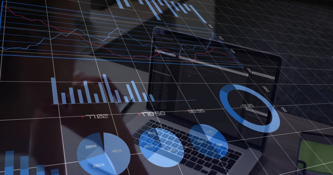 Laptop Dashboard Displaying Blue Data Visualizations Overlaid with Financial Charts and Performance 