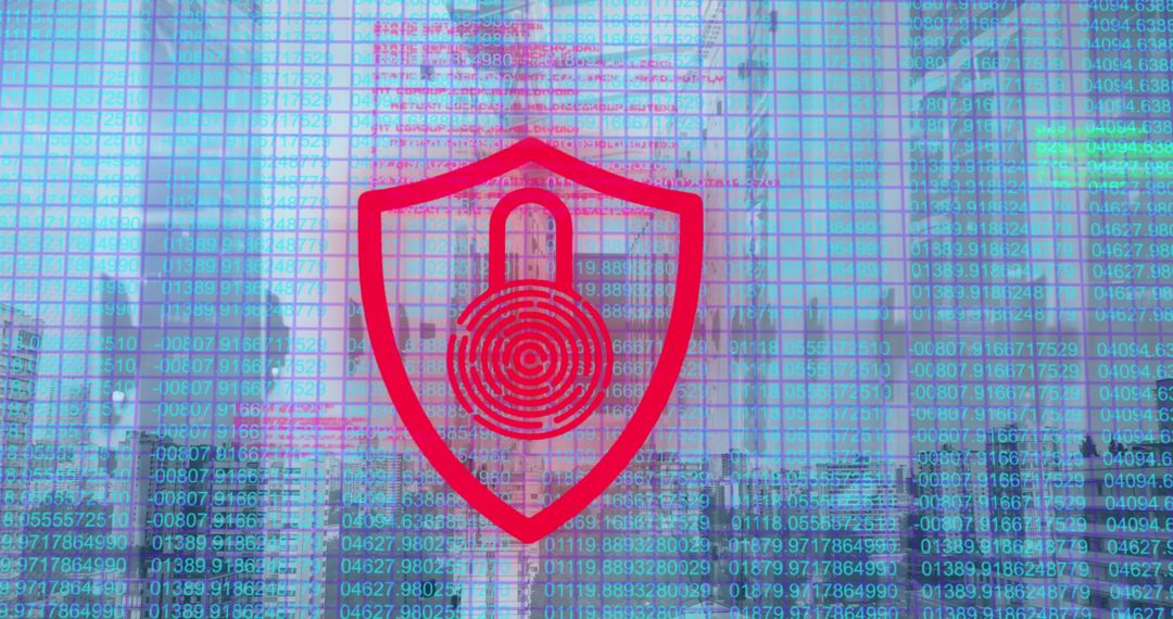 Biometric Security Padlock and Digital Data over Cityscape Background