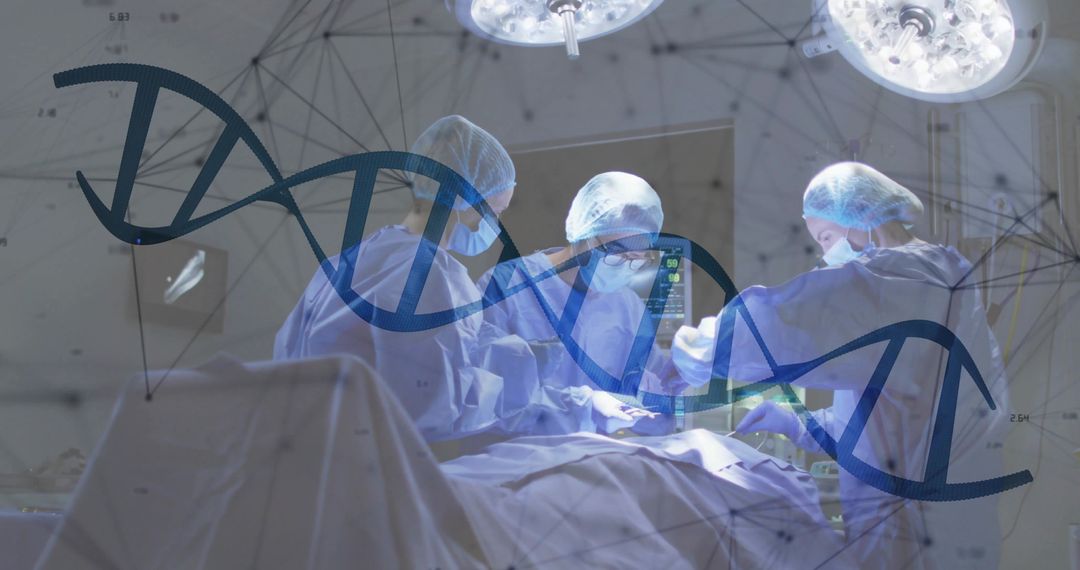 Surgical Team Performing Operation with DNA Helix Overlay, High-Tech Genetics Concept