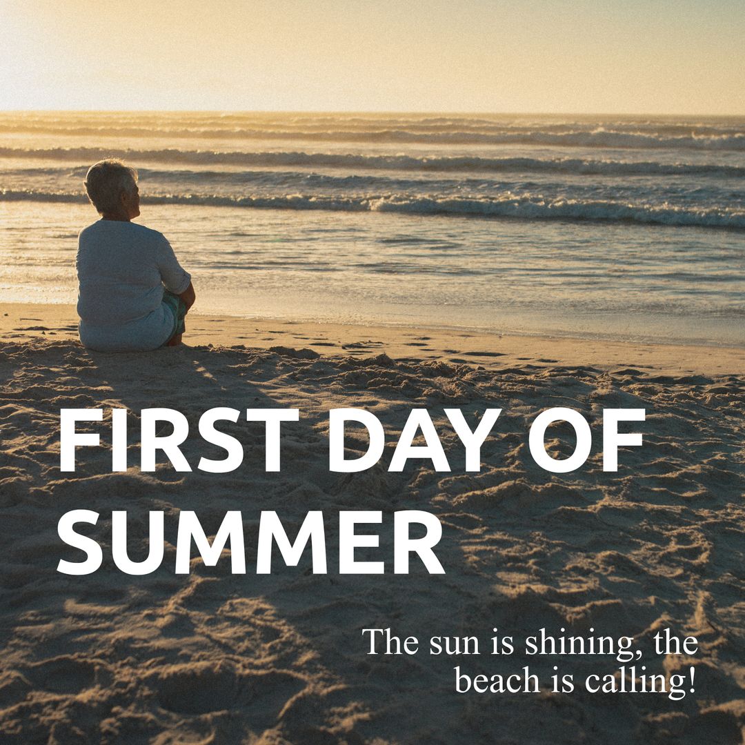 Senior Woman Enjoying Peaceful Beach at Sunset for First Day of Summer