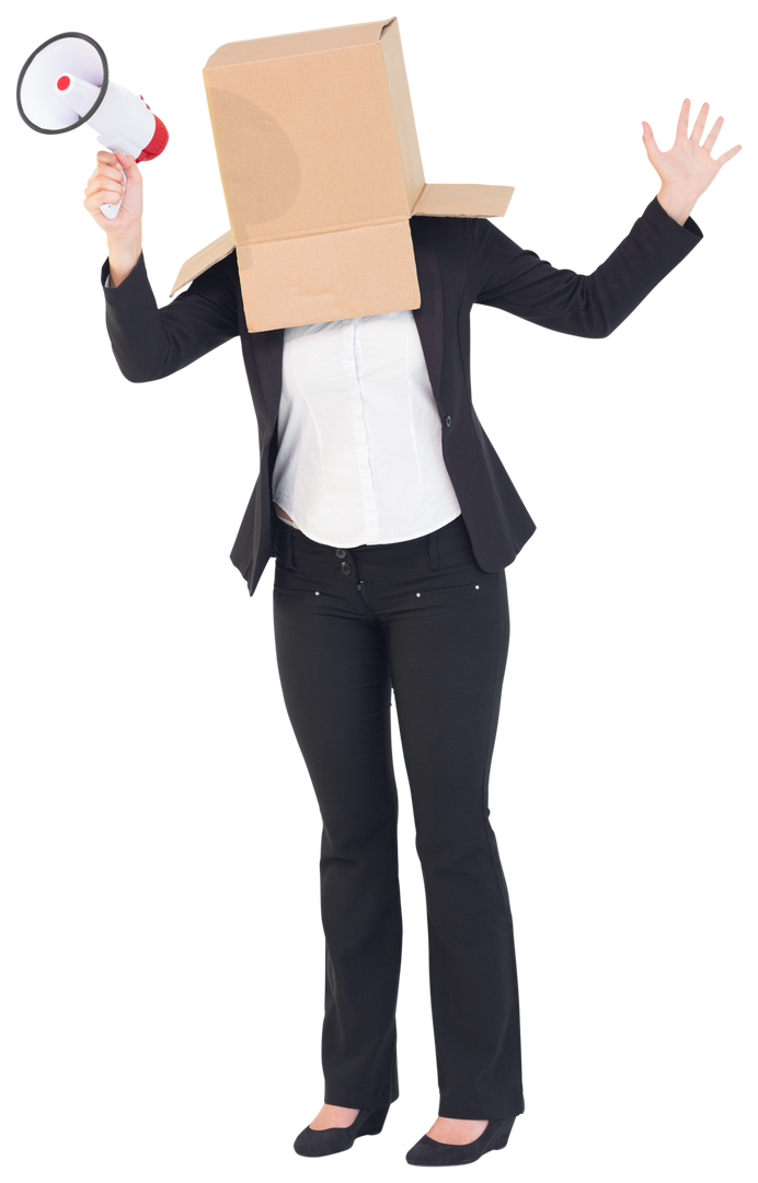 Businesswoman With Cardboard Box On Head Holding Megaphone Transparent Background - Download Free Stock Images Pikwizard.com