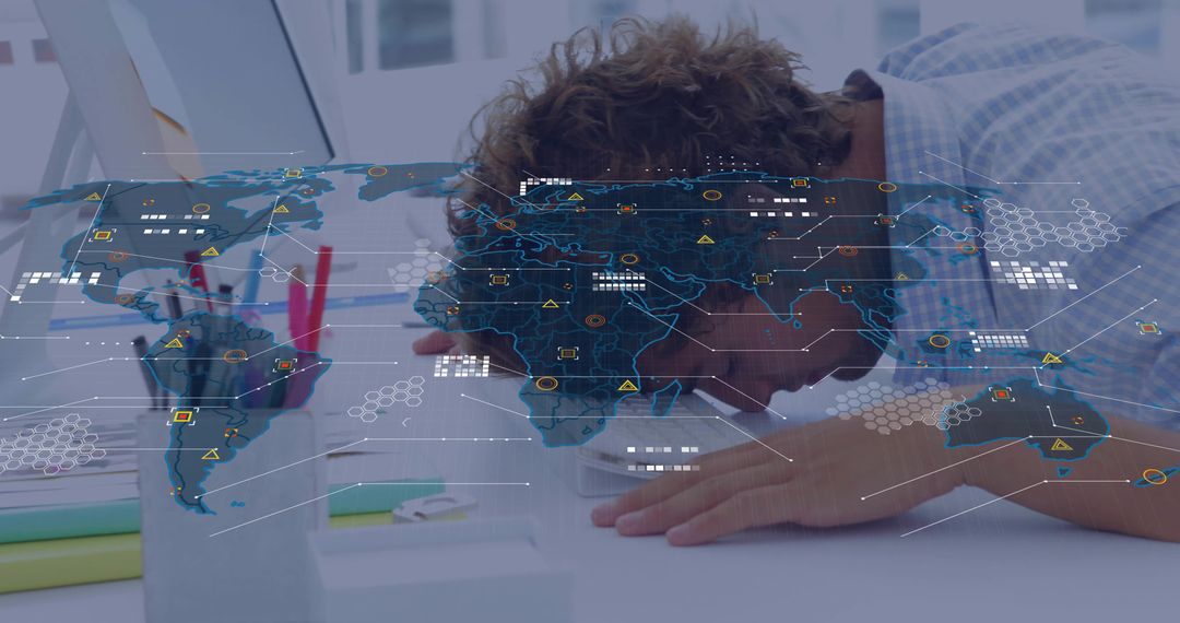 Fatigued Office Worker with World Map Digital Interface Overlay