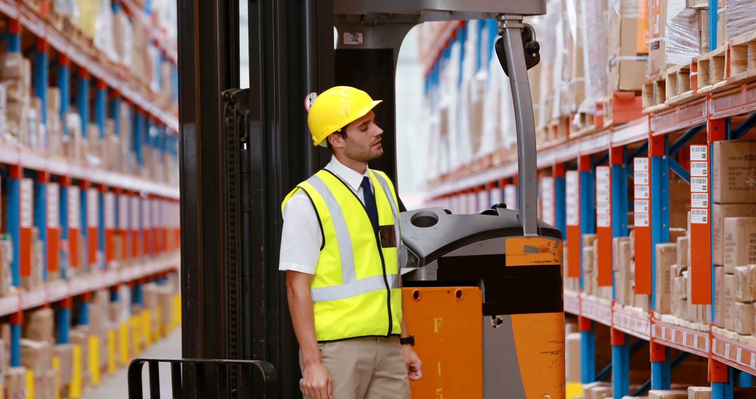 Male Warehouse Worker Operating Forklift in Storage Facility - Free Images, Stock Photos and Pictures on Pikwizard.com