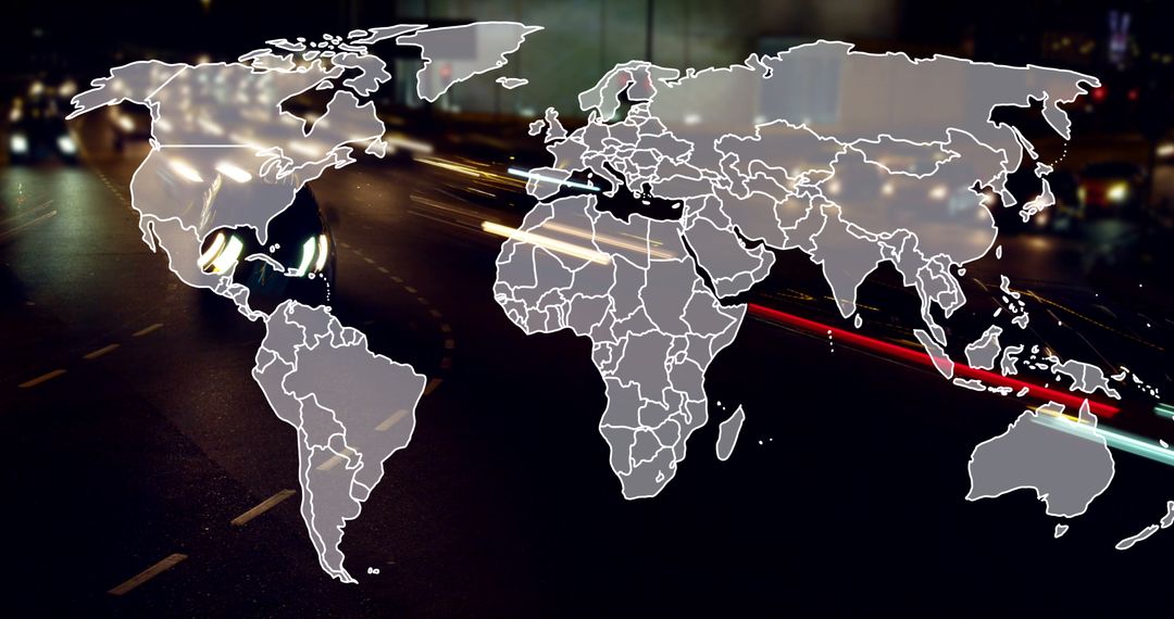 World Map Overlay with Blurred City Traffic at Night