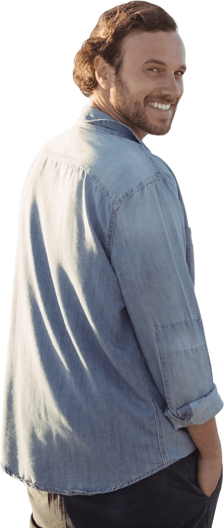Smiling Man in Denim Shirt Looking Over Shoulder Transparent Background