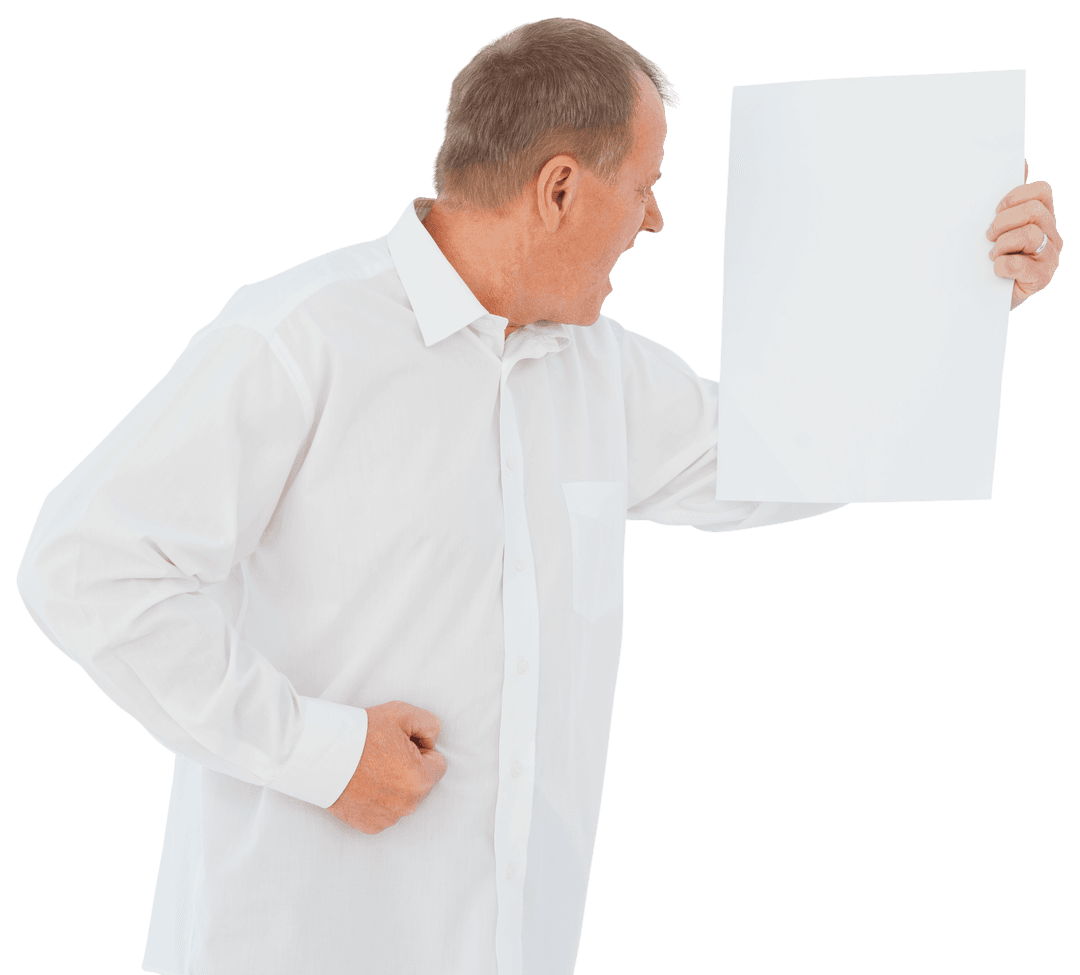 Frustrated Senior Man Yelling at Transparent Sheet of Paper