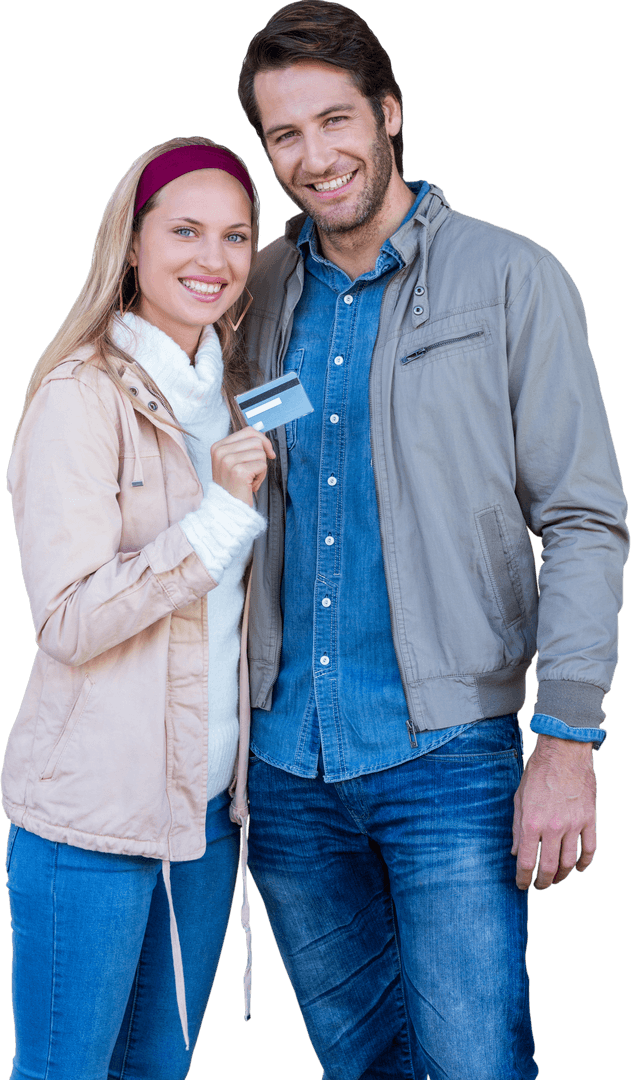 Happy Couple Displaying Credit Card with Transparent Background