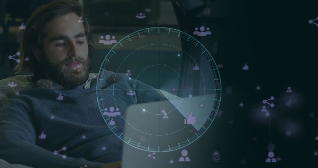 Man Using Laptop with Digital Data Interface Overlay
