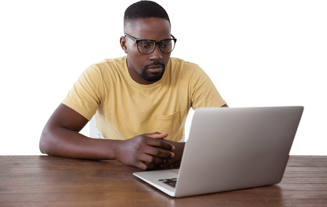 Focused Man in Transparent Workspace on Laptop Screen