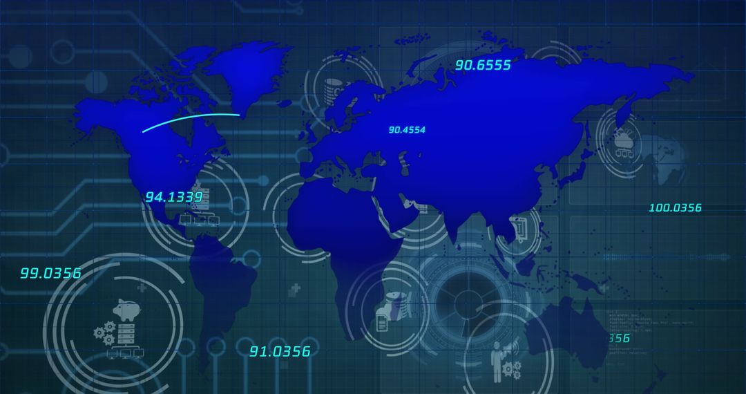 Digital World Map with Data and Icons Overlay on Blue Background
