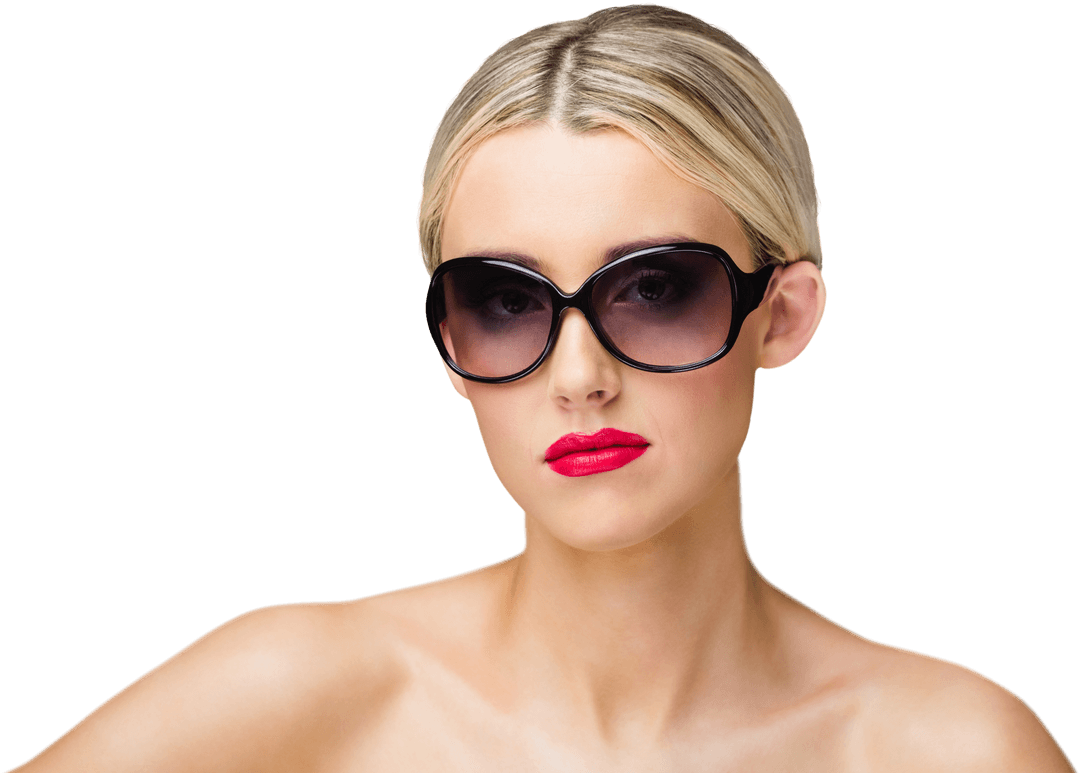 Stylish Woman with Sunglasses and Red Lipstick on Transparent Background