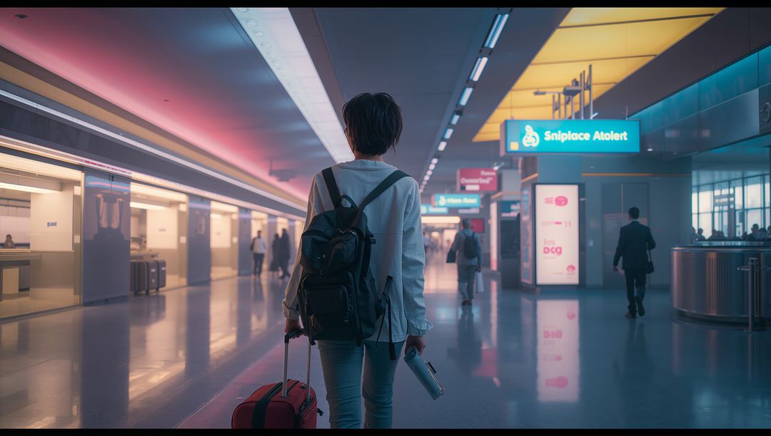 Traveler Exploring Blurred Automodern Airport Terminal