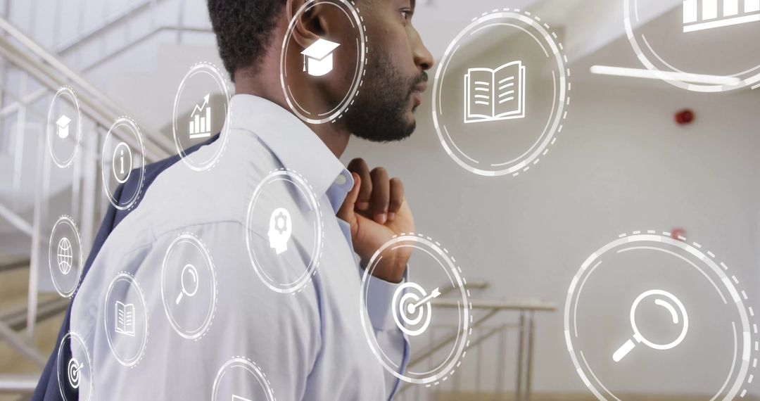 African American Businessman with Digital Interface Symbols