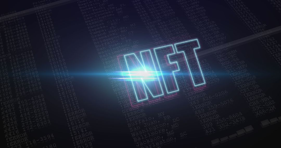 Glowing NFT Text on Data Background for Cryptocurrency