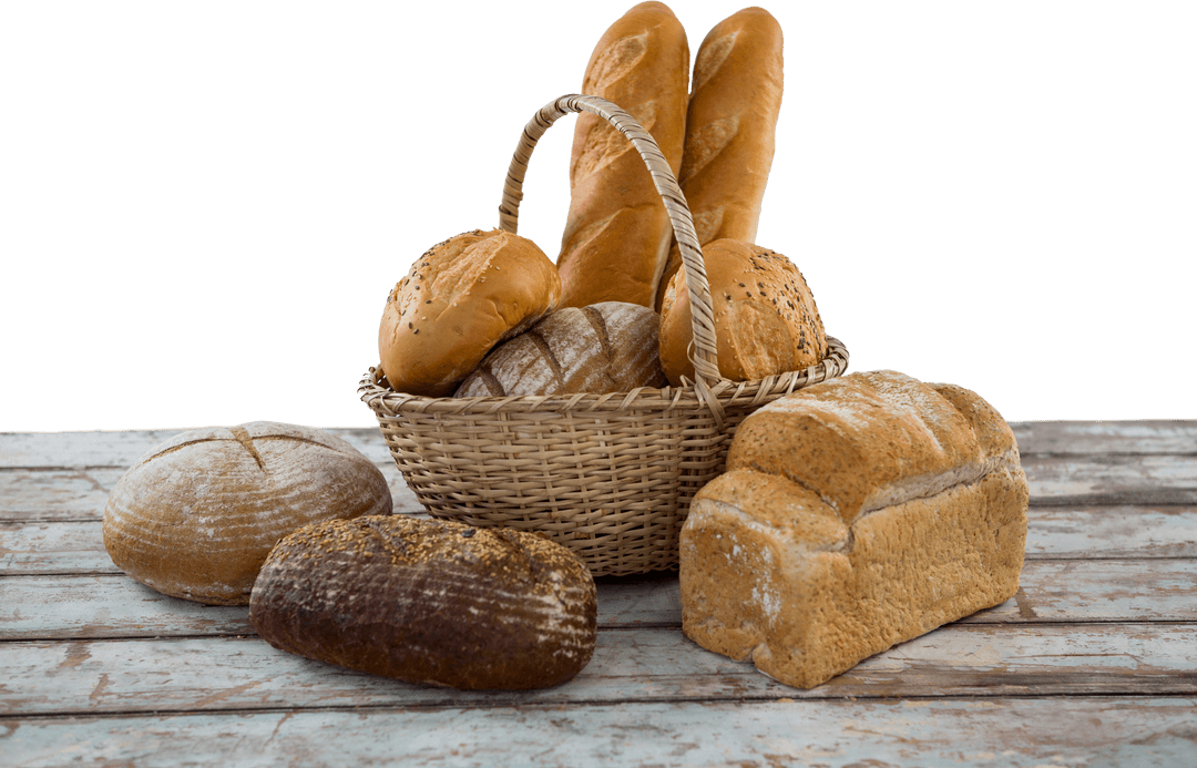 Transparent Basket of Various Fresh Bread on Wooden Table