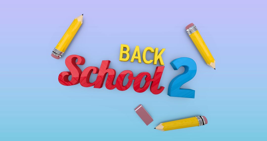 Back to School Text with Pencils and Erasers on Blue Gradient