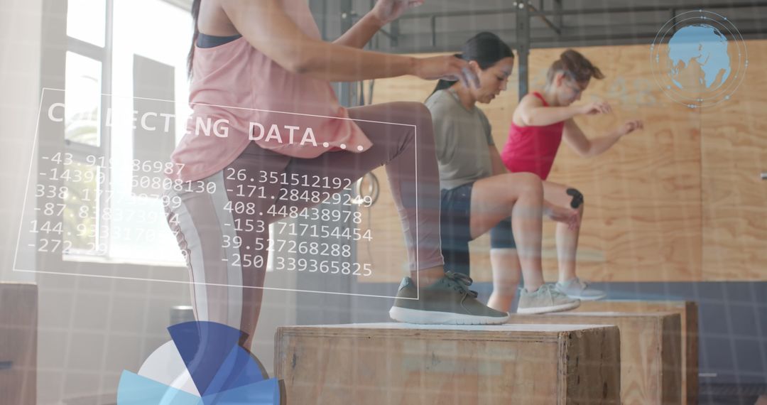 Diverse Group Performing Box Jumps with Data Display at Gym