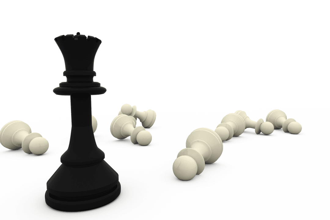 Transparent Chess Queen and Fallen White Pieces on White Background