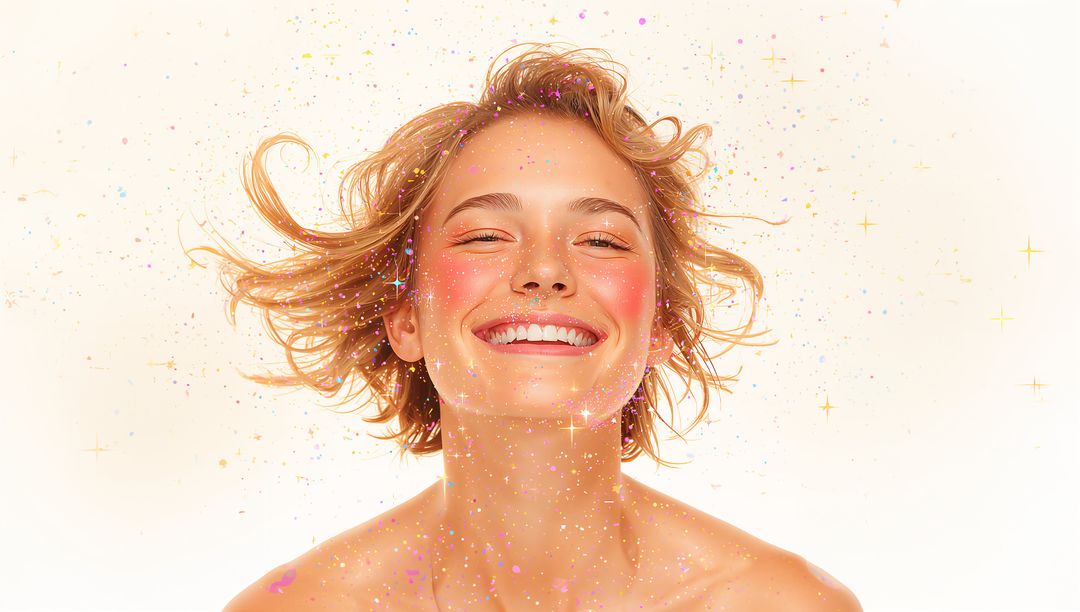 Radiant smiling woman with freckles and glittering stars, beauty portrait with soft glow