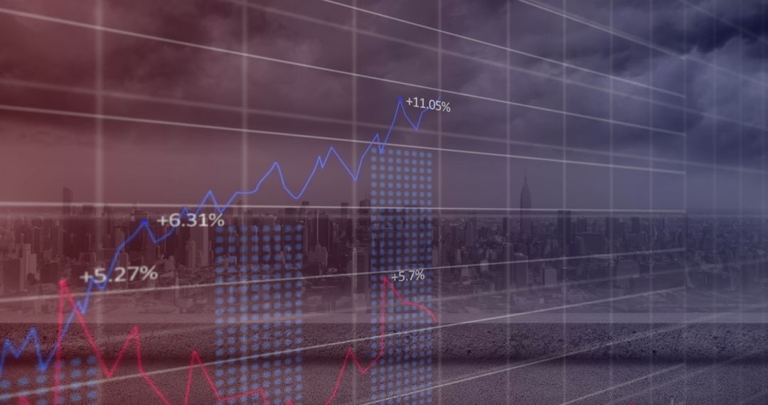 Futuristic Data Chart over Cityscape with Grid Overlay