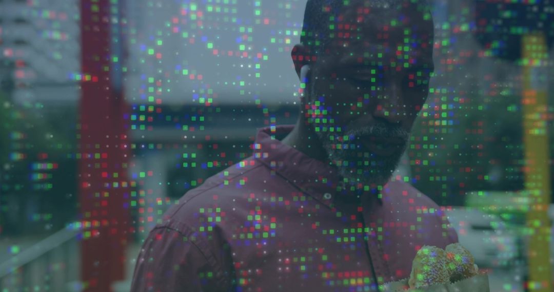 Contemplative Man with Potted Plant in Tech-Influenced Urban Environment