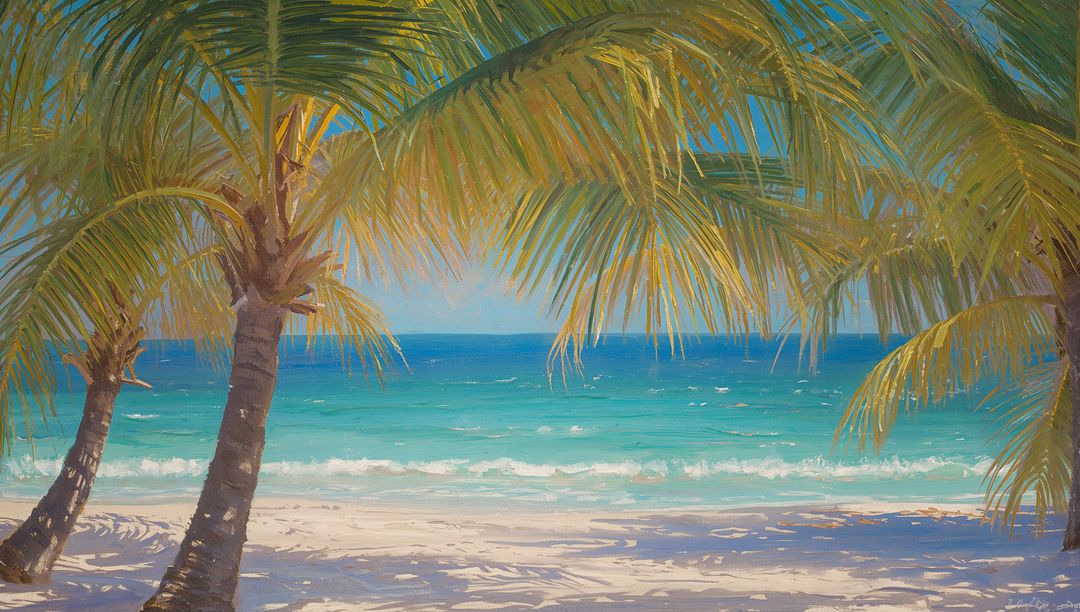 Tropical Serenity on Pristine White Sandy Beach with Swaying Palms
