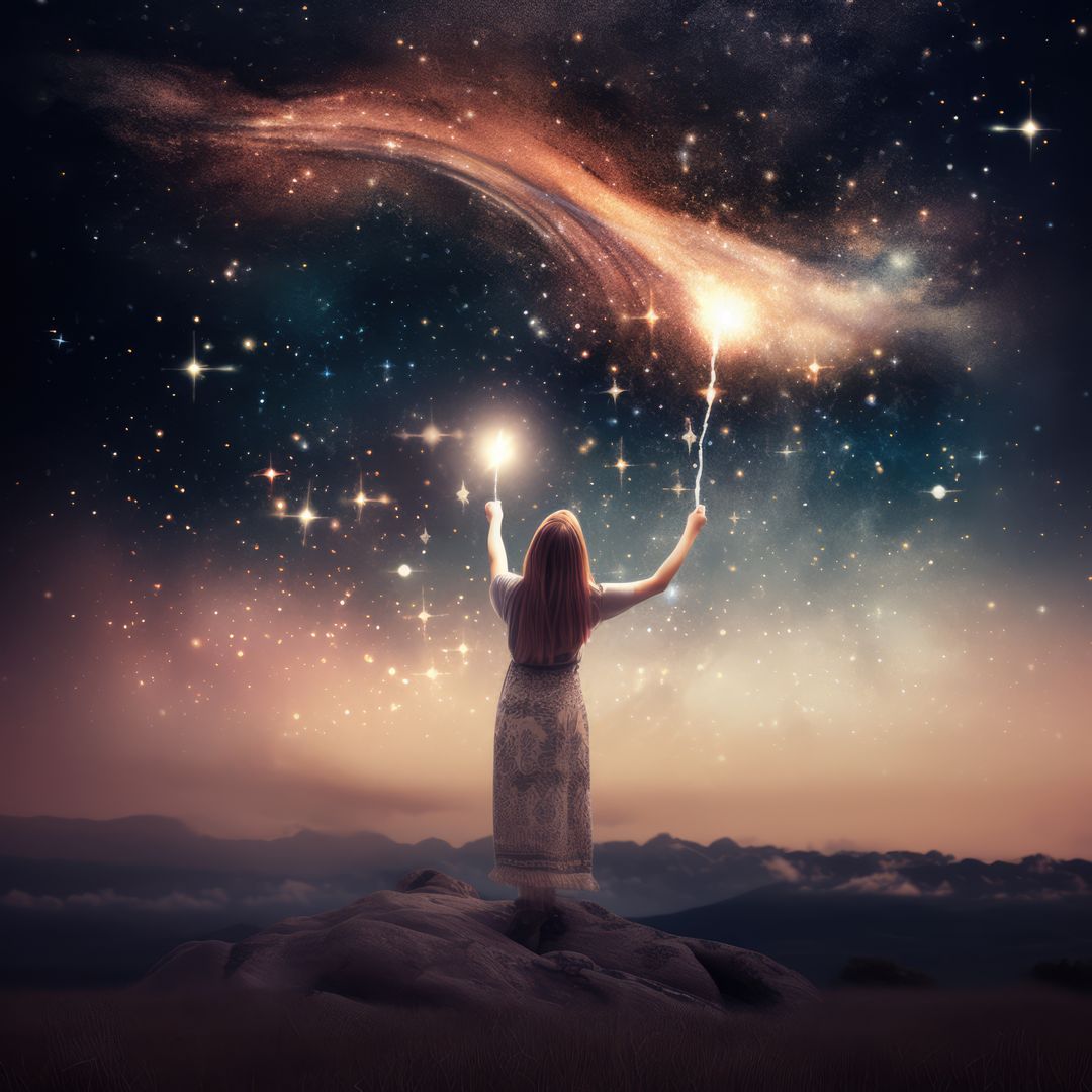 Caucasian woman using wand over stars and space, created using generative ai technology - Free Images, Stock Photos and Pictures on Pikwizard.com