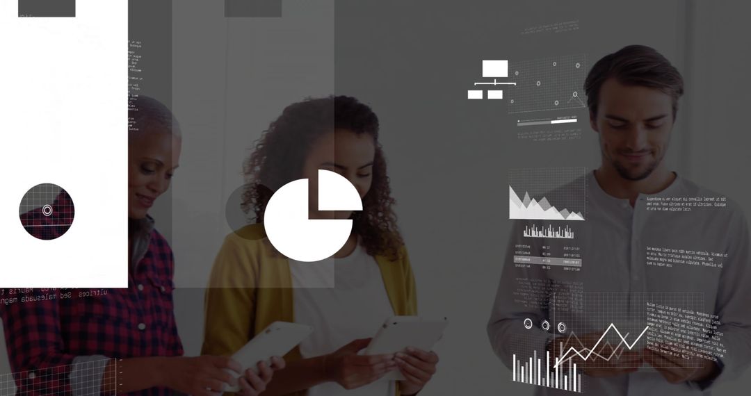 Multicultural team reviewing tablet analytics with interactive charts and collaboration overlay