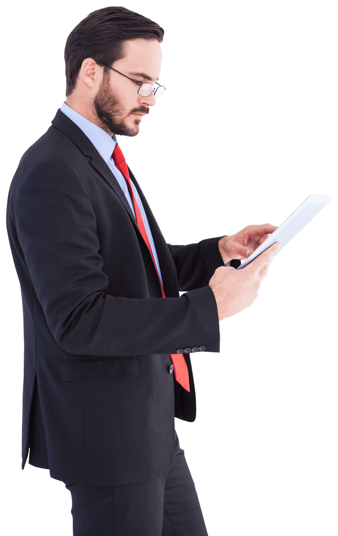 Businessman in Suit Using Tablet on Transparent Background